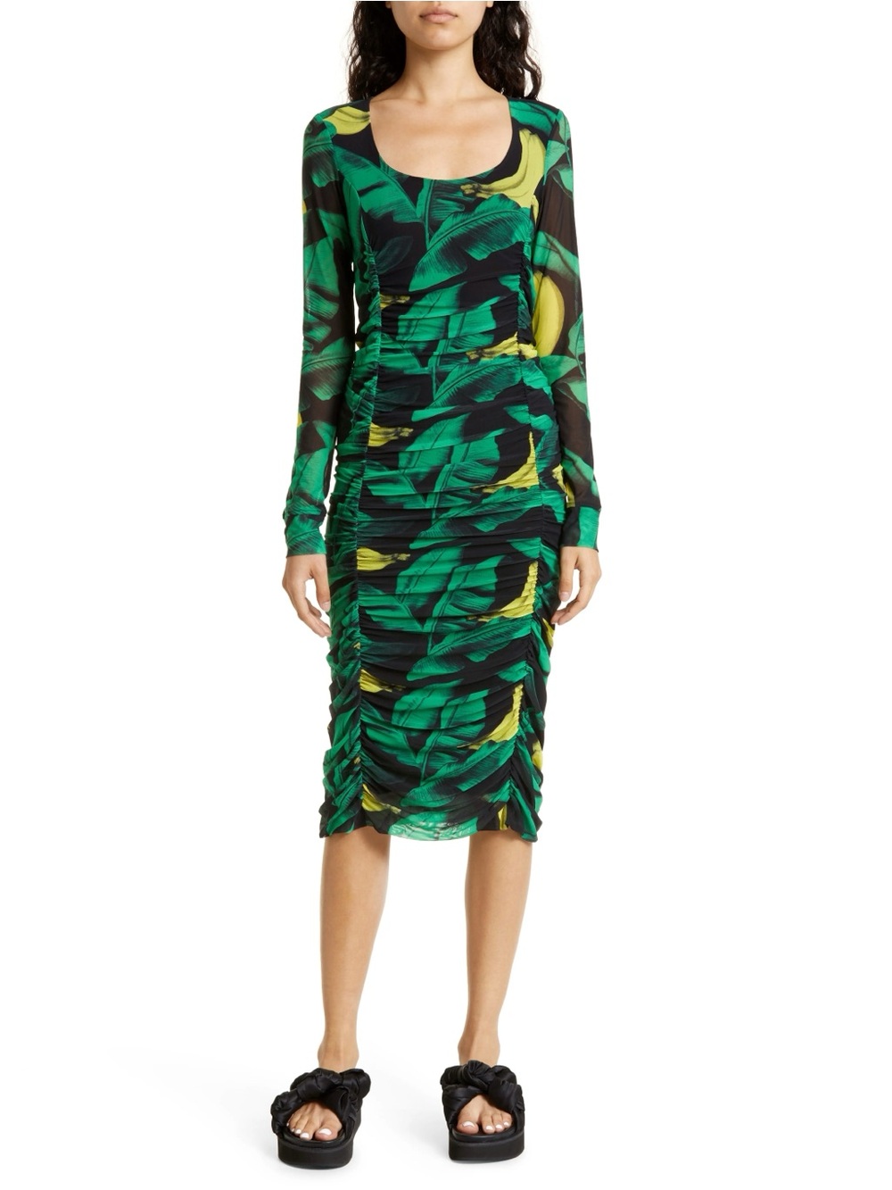 GANNI Black Green Yellow Banana Leaf Ruched Mesh Midi Dress, Size 38/M